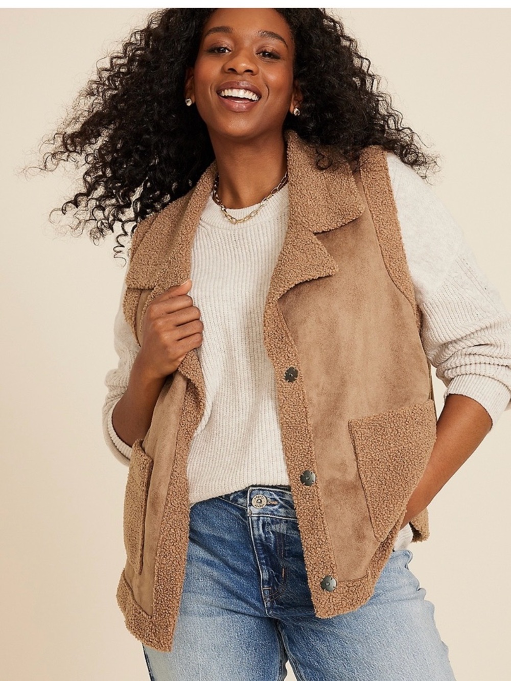 Maurices Tan Sherpa-Trim Suede Vest